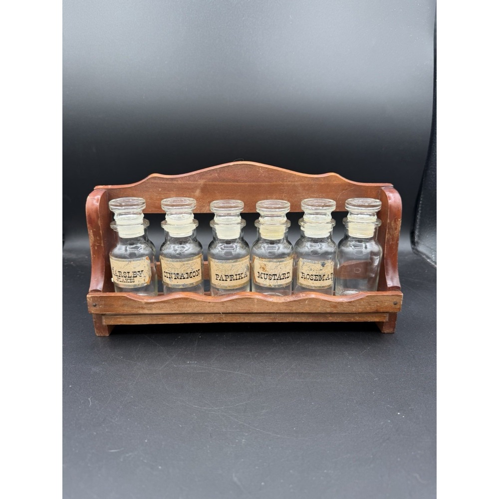 Vintage Wood Spice Rack w/ 6 Glass Apothecary Jars w/ Lids – Farmhouse Kitchen